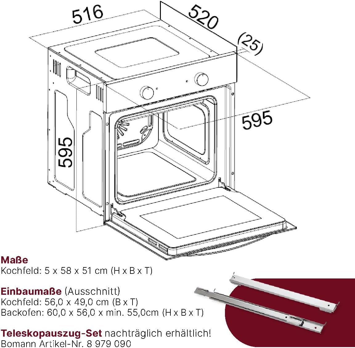 Bomann, Four avec plaque de cuisson à induction, Cuisinière encastrable avec 4 zones de cuisson et 9 fonctions de four, Capacité utile de 56 l, Thermostat réglable séparément, EHBC7937, Noir