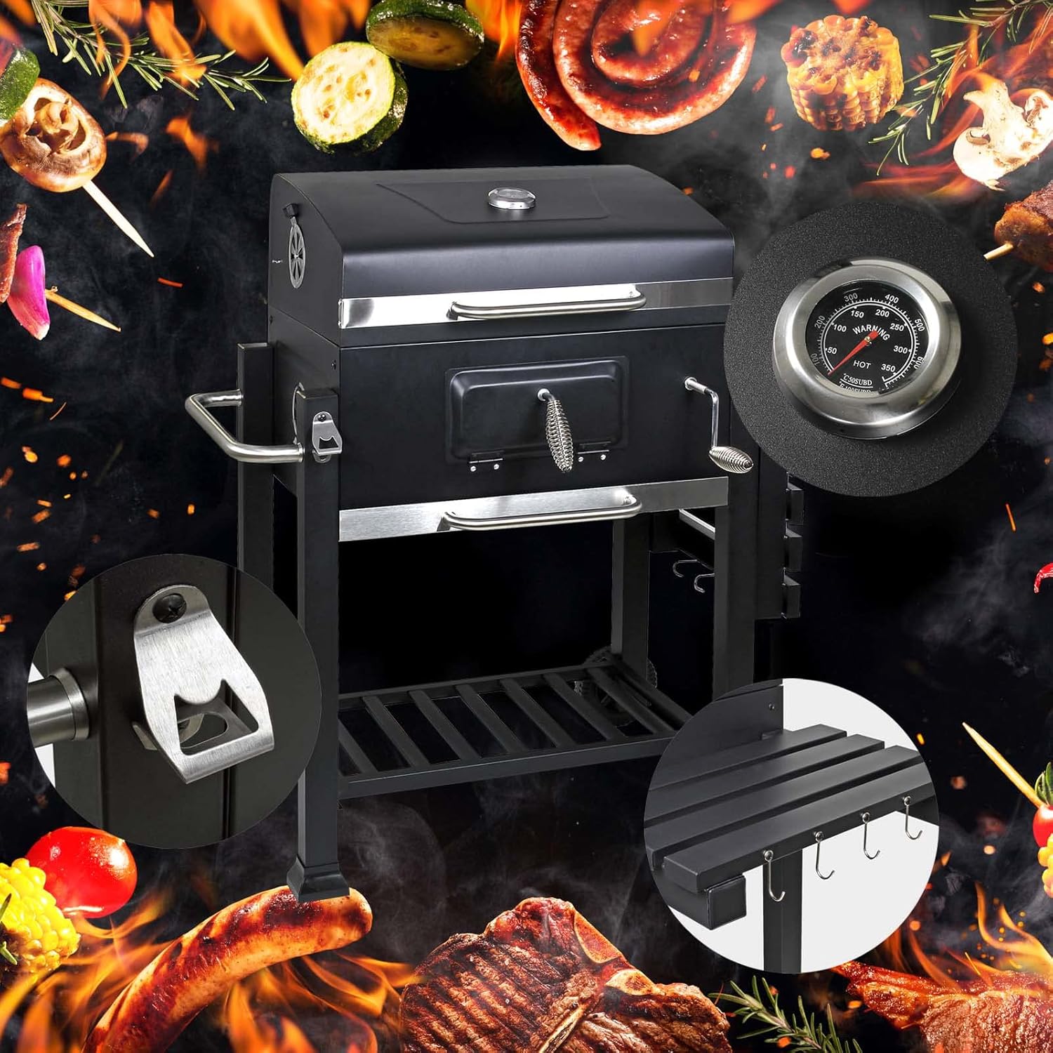 Wiltec Chariot Barbecue à Charbon 1130x475x 1000mm Clapet anti-feu Hauteur réglable Thermomètre Espaces rangement Ouvre-bouteille Grillade Jardin BBQ
