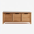 Banc d’entrée bois clair avec coussin beige et trois tiroirs