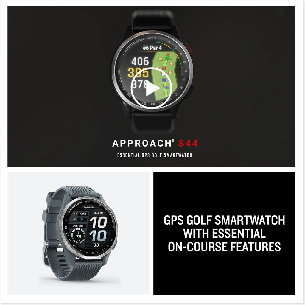 Garmin Approach S44 Essential Golf GPS Smartwatch Écran AMOLED Fonctionnalités sur Le Terrain Lunette en Aluminium argenté avec Bracelet en Silicone Noir