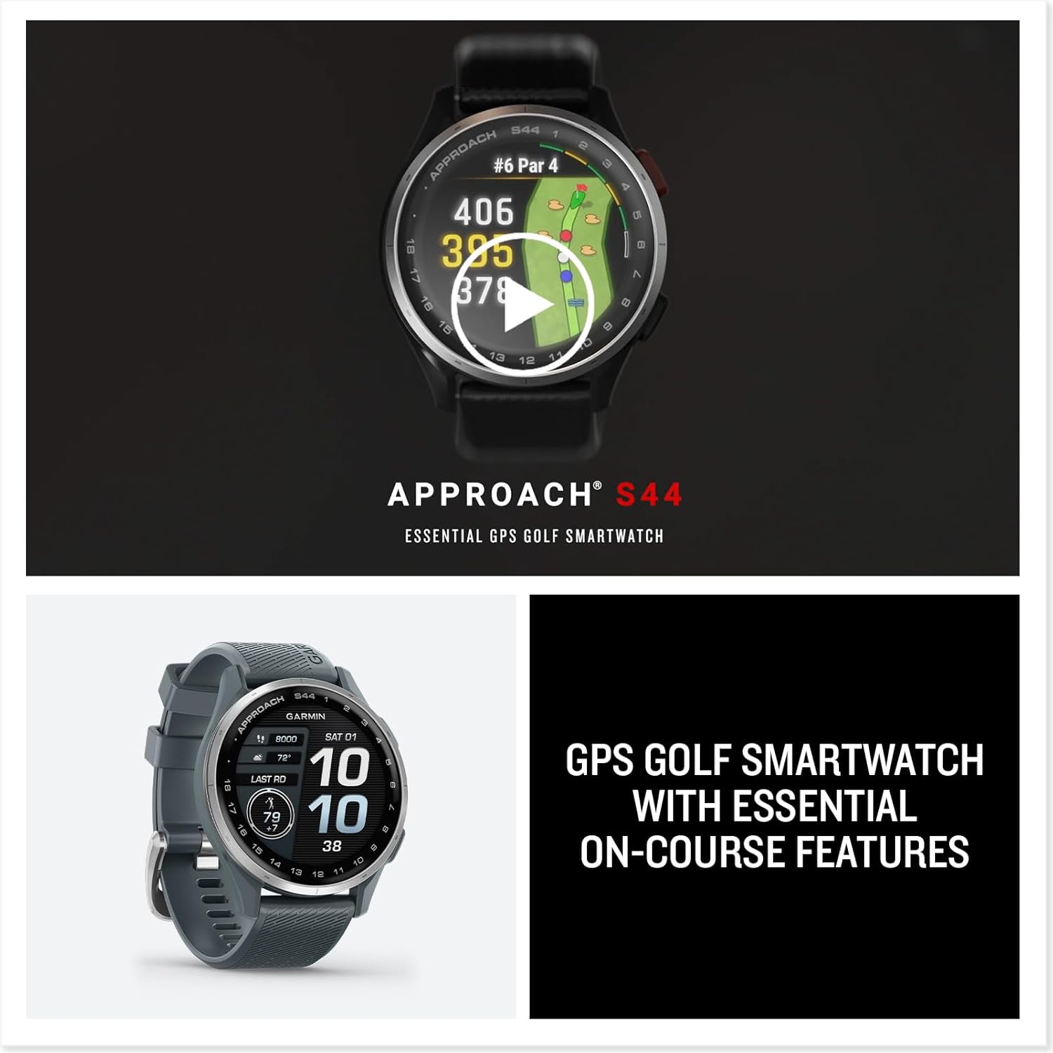 Garmin Approach S44 Essential Golf GPS Smartwatch Écran AMOLED Fonctionnalités sur Le Terrain Lunette en Aluminium argenté avec Bracelet en Silicone Noir