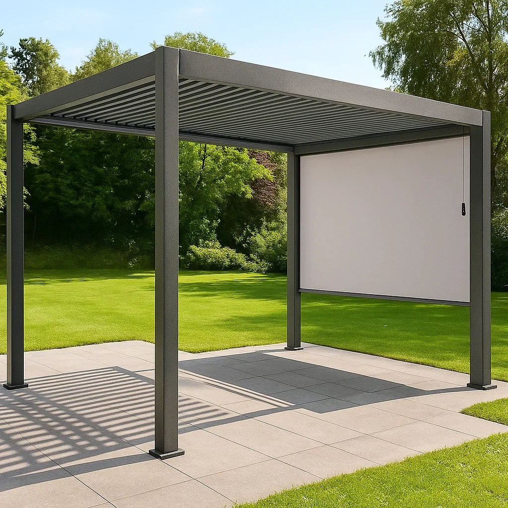 Pergola en Aluminium Gris avec Toit Réglable et Panneau Latéral 300x300 cm(Gris)