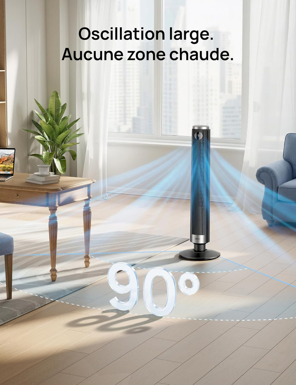 DREO Ventilateur colonne intelligent 554S, ventilateur sur pied réglable 102–114 cm, 8.4 m/s, oscillation 90°, silencieux 20 dB, 9 vitesses, 4 modes, minuterie 12 h, compatible Google et Alexa