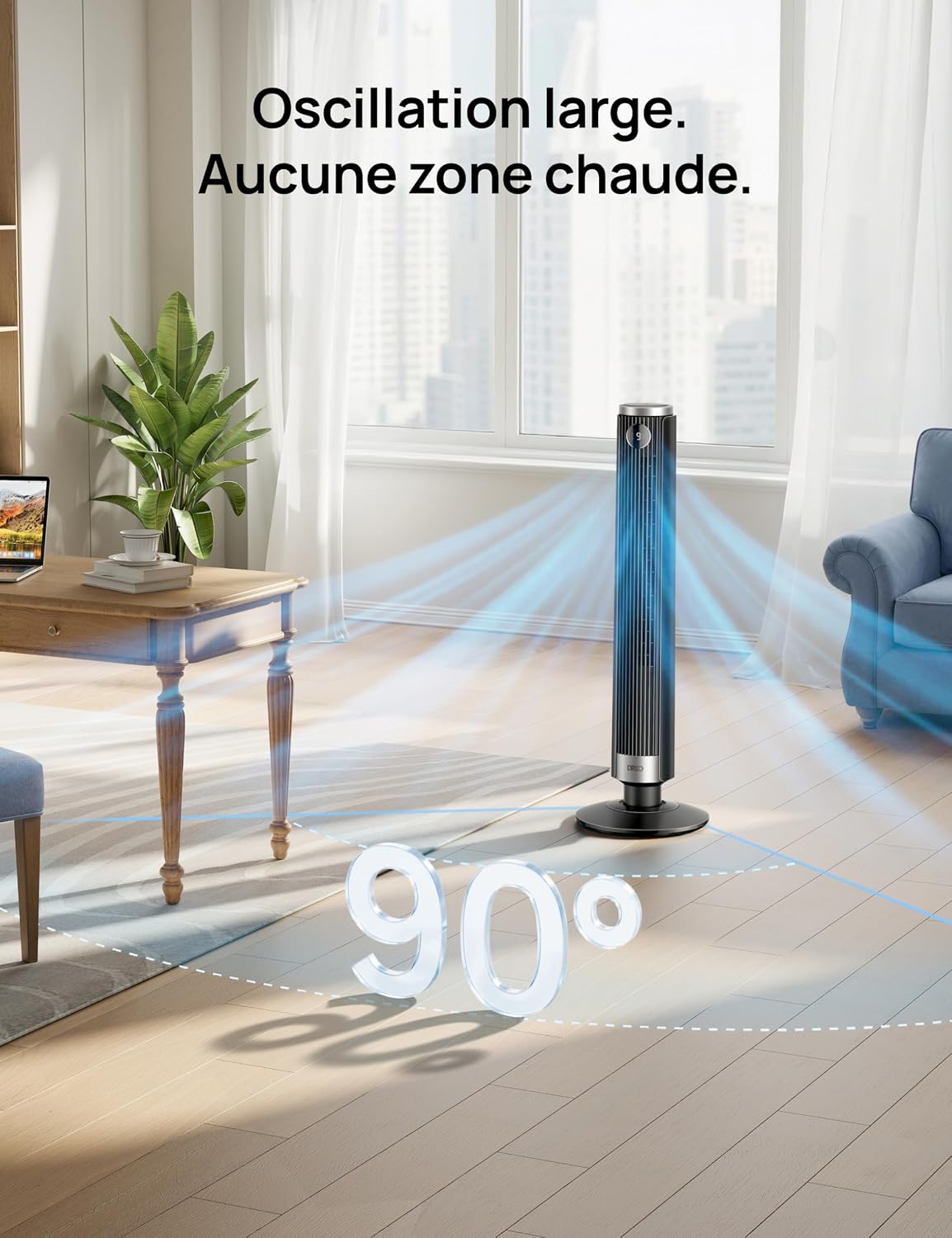 DREO Ventilateur colonne intelligent 554S, ventilateur sur pied réglable 102–114 cm, 8.4 m/s, oscillation 90°, silencieux 20 dB, 9 vitesses, 4 modes, minuterie 12 h, compatible Google et Alexa