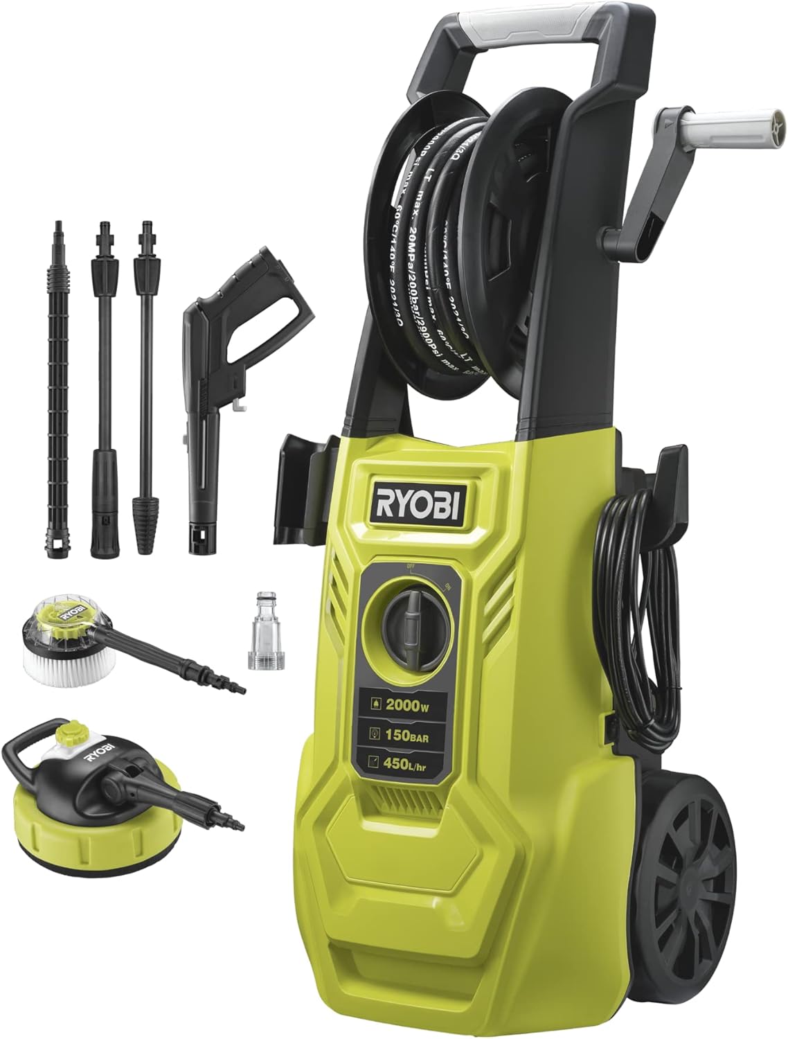 RYOBI nettoyeur haute pression 2000 W, 150 bars, débit 450 L/h, flexible 8 m avec enrouleur, réservoir détergent intégré, lance vario et turbo, brosse rotative, modèle RY150PWA