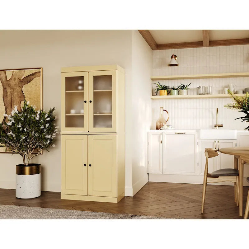 100% Solid Wood Pantry Cabinet with Frosted Glass Doors, Solid Doors, 2-Drawers and Adjustable Shelves