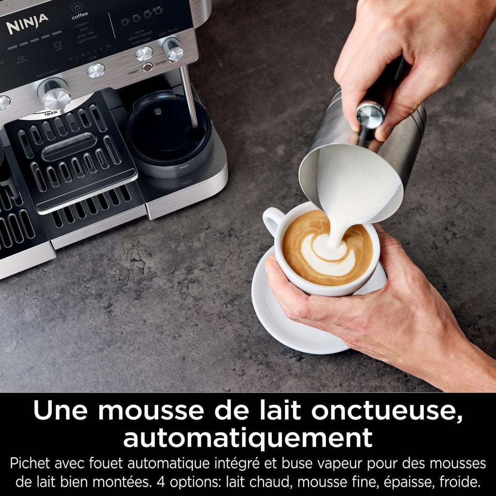 NINJA Machine à café Luxe Essential 2-en-1, Latte, Cappuccino et Espresso avec broyeur à grains et mousseur à lait intégrés, facile à utiliser, 2 préréglages mousse, argent, ES501EU