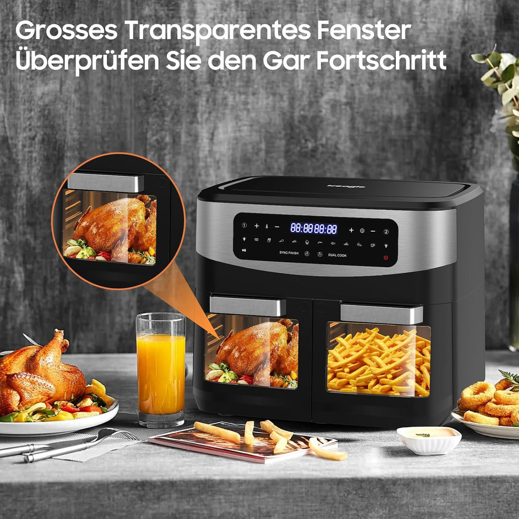 Iceagle Air Fryer 12 L Friteuse sans Huile - Friteuse à Air Chaud avec 10 Programmes, 2 Tiroirs, Fenêtre Visible, Panneau Tactile LED, Fonctions Match Cook & Smart Cook, 2600W, Noir