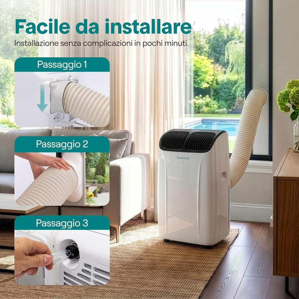 SereneLife Climatiseur Portable 14 000 BTU 4 en 1 – Clim Mobile Silencieuse avec Évacuation, Contrôle APP, Refroidissement, Chauffage, Déshumidificateur, Ventilation et Kit Fenêtre, jusqu’à 32 m²