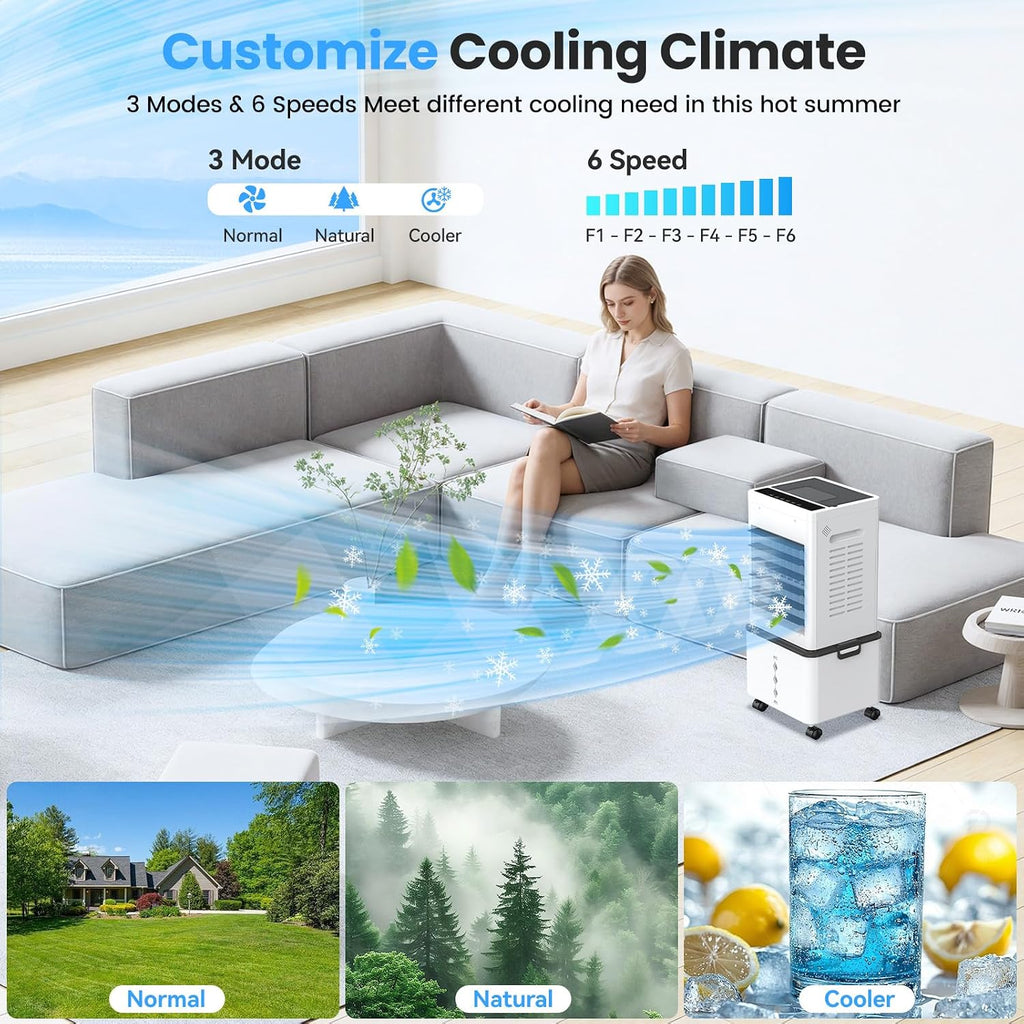Climatiseur Mobile Silencieux 12L, Refroidisseur d'air Climatiseurs Portables Économie d'énergie Ventilateur Humidificateur, 6 Vitesses, Télécommande, 24H Minuterie, pour Maison Bureau Chambre (Blanc)