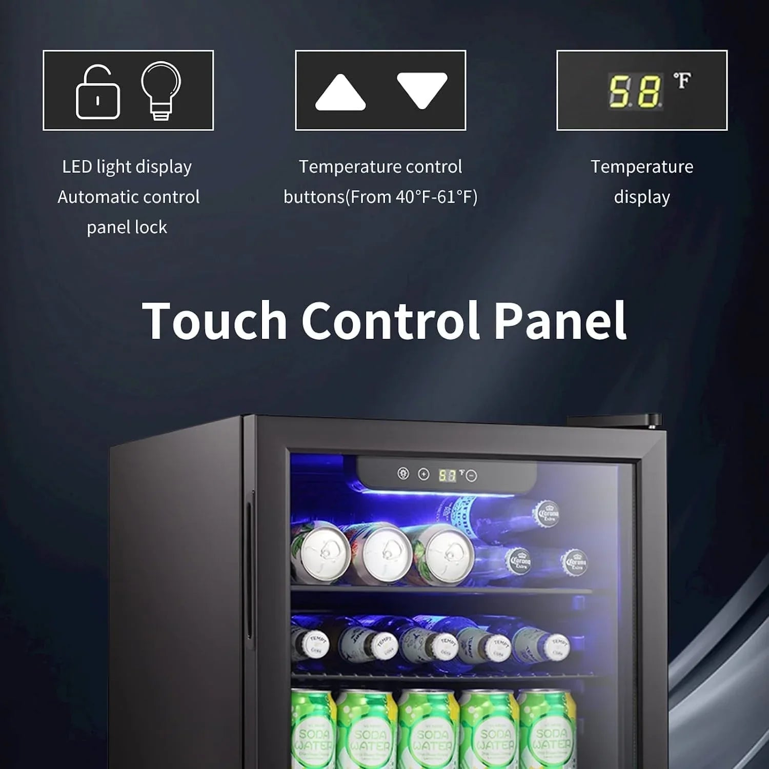 Mini Fridge-100 Can Beverage Refrigerator, Wine Cooler, Clear Front Glass Door, Small Drink Touch Screen - 2.6 Cu. Ft.