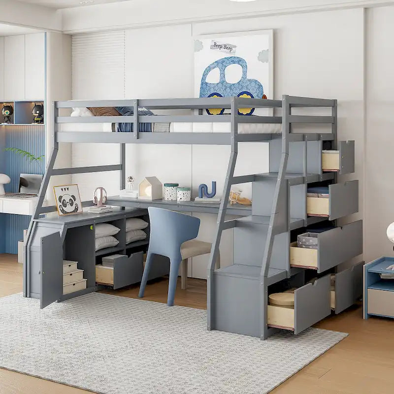 Full Pine Loft Bed with Desk and Storage