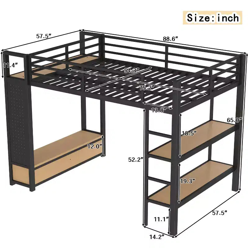 Full/Queen Size Metal Loft Bed Frame, All-In-One with Wardrobe, Storage Shelves & Pegboard, Black - ModernLuxe