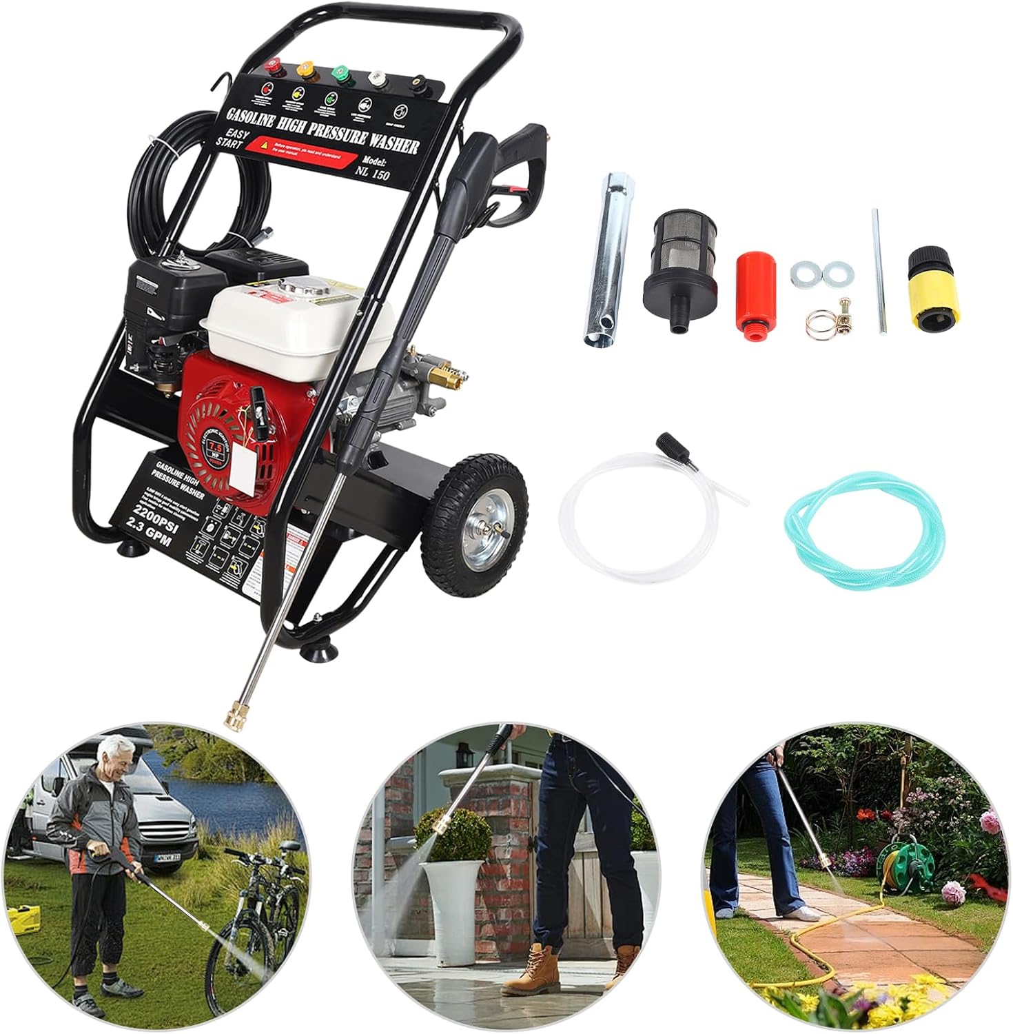 Nettoyeur haute pression thermique à essence 200 bar moteur 4 temps 7,5 HP avec tuyau 10 m et 5 buses