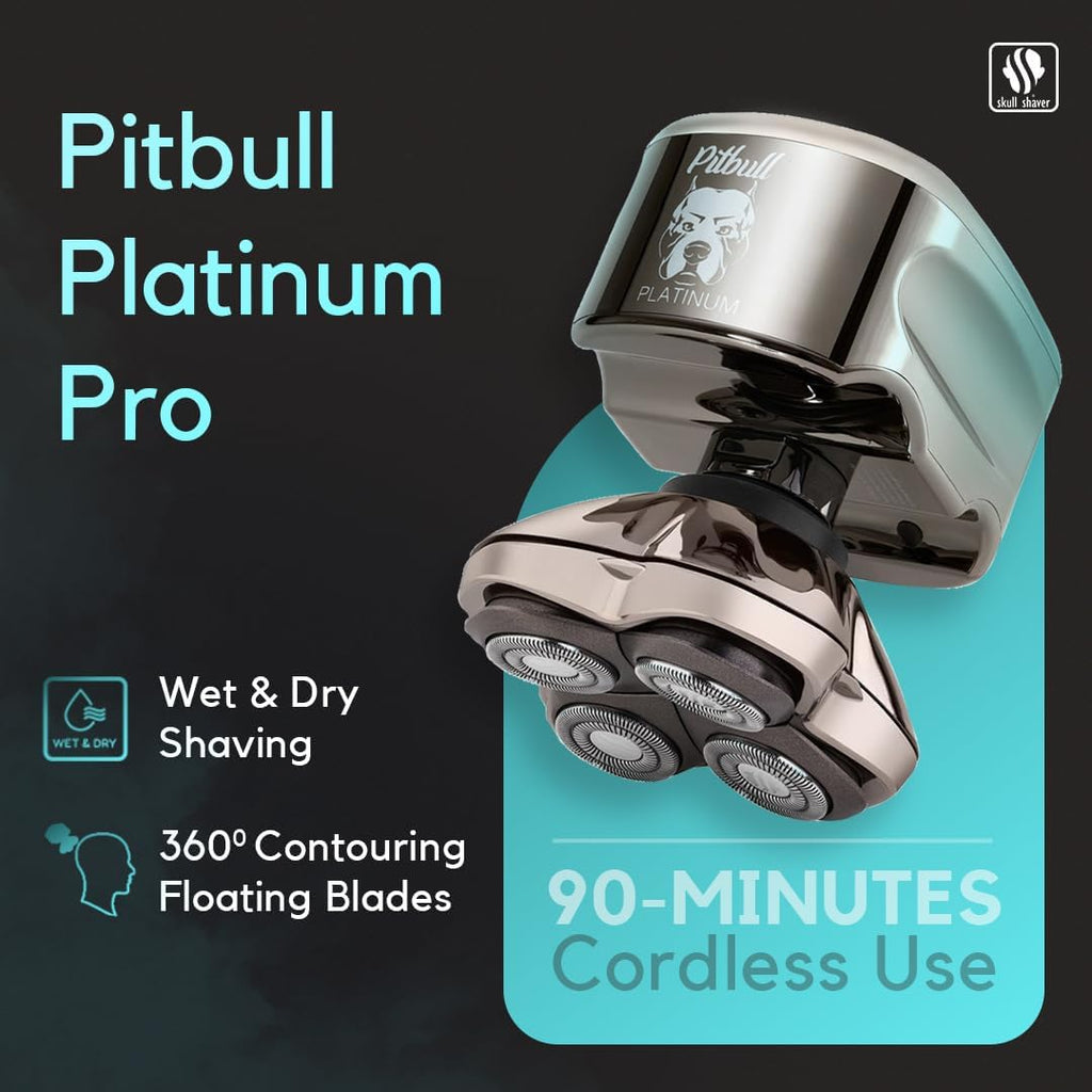 Skull Shaver Pitbull Platinum Pro - Rasoir Électrique Homme - Sans Fil, Rechargeable, Humide/Sec, Ergonomique pour Crâne Chauve - Avec Socle de Rinçage et Étui de Voyage