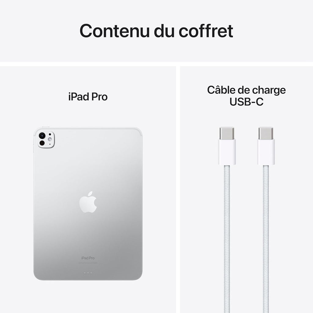 Apple iPad Pro 11 (M4) : Écran Ultra Retina XDR, 512 Go, Caméra Avant 12 Mpx Horizontale/Appareil Photo arrière 12 Mpx, Scanner LiDAR, Wi-FI 6E, Autonomie d’Une journée, Verre Standard - Argent