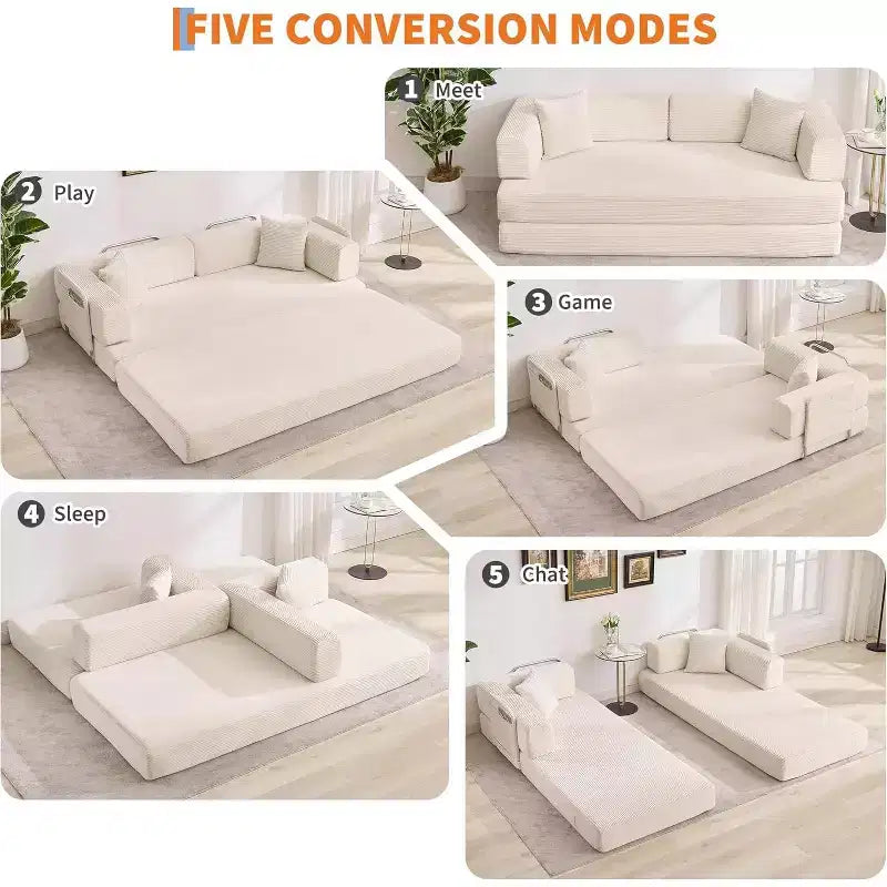5-in-1 Convertible Sofa Bed, 78.8 Modular Corduroy Sleeper with Sturdy Frame, Multi-Functional Futon for Small Space, Living Room & Guest Room