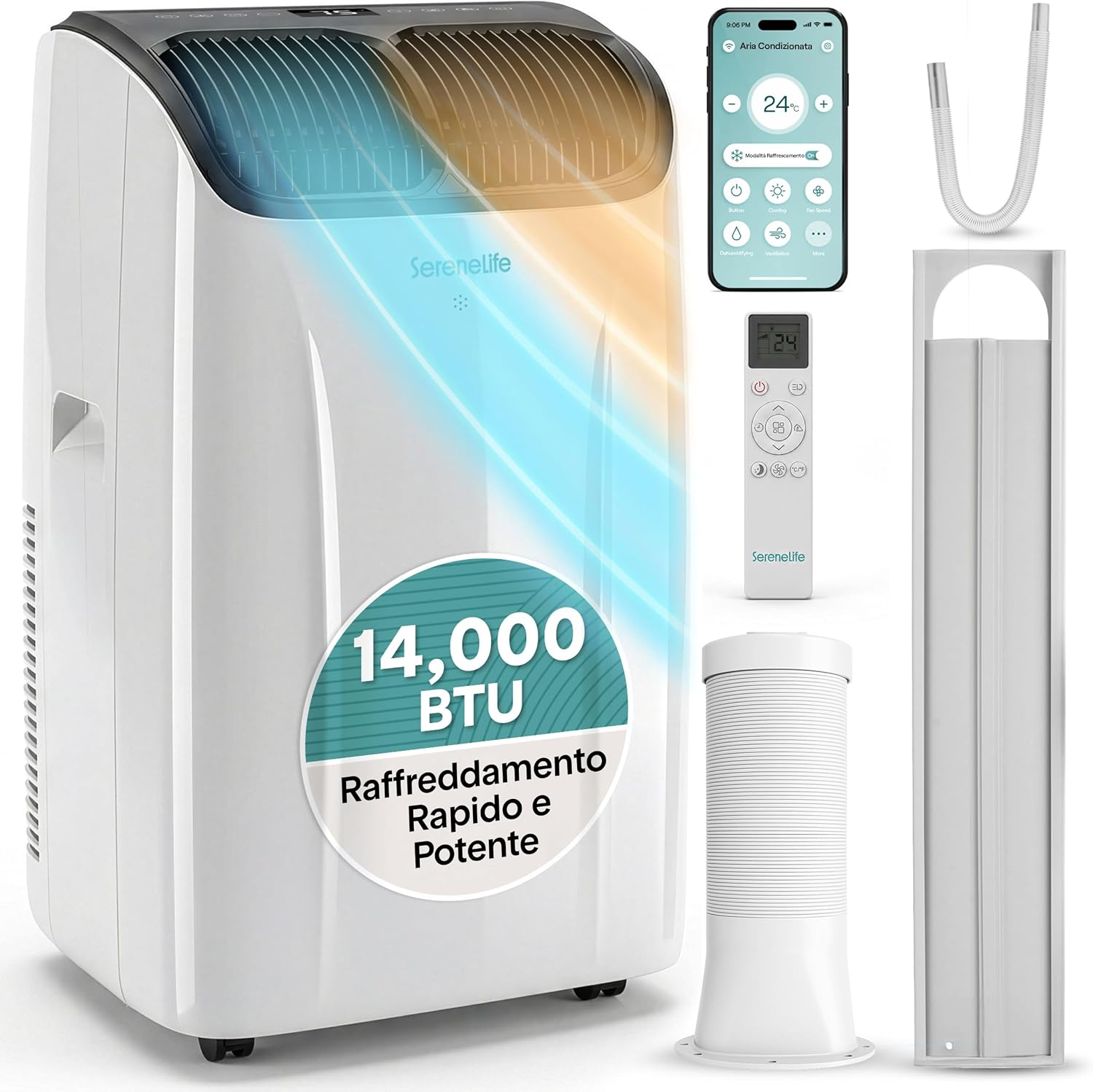SereneLife Climatiseur Portable 14 000 BTU 4 en 1 – Clim Mobile Silencieuse avec Évacuation, Contrôle APP, Refroidissement, Chauffage, Déshumidificateur, Ventilation et Kit Fenêtre, jusqu’à 32 m²