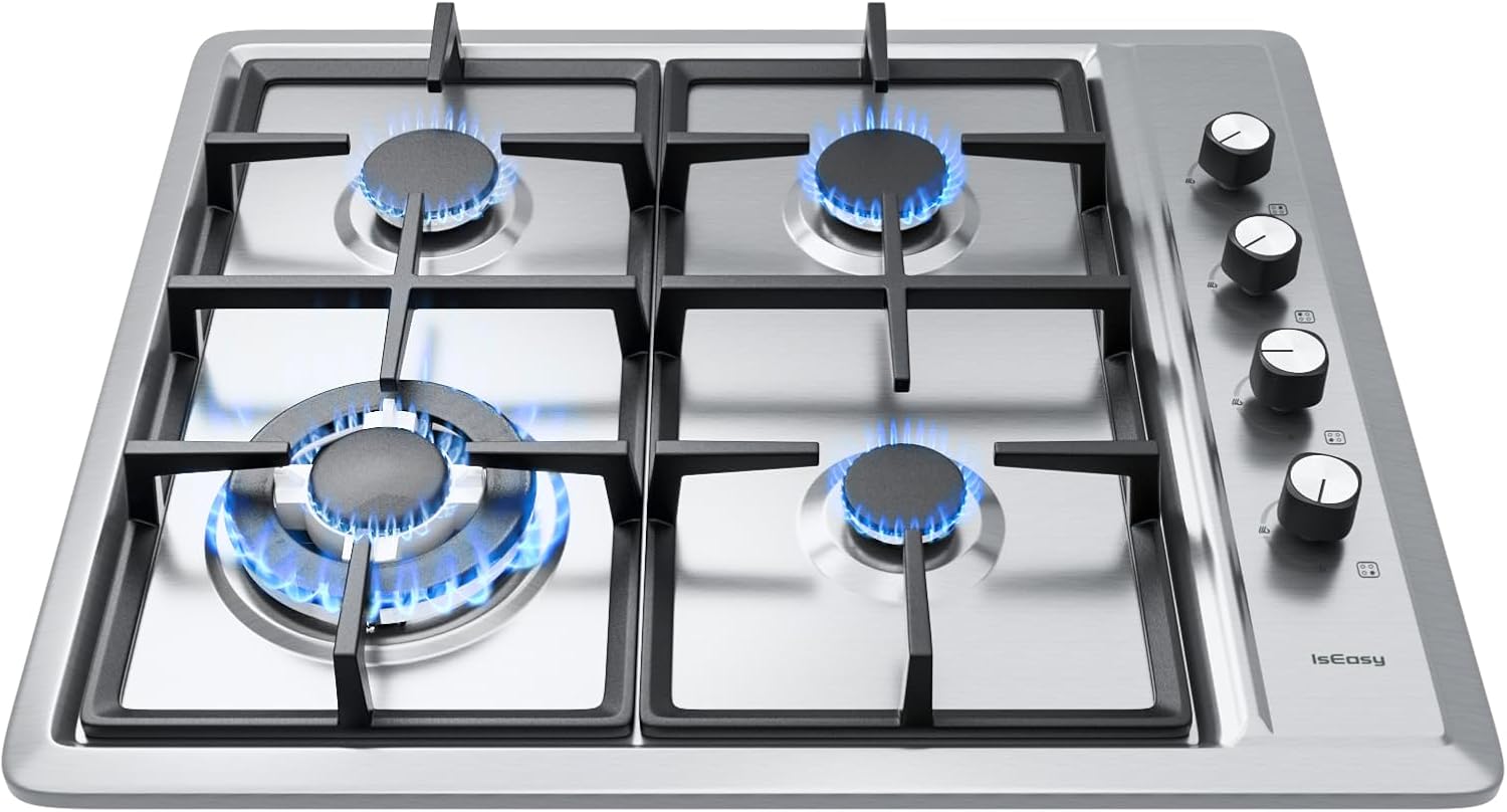 IsEasy Plaque Gaz 4 Feux Inox, Plaque de Cuisson Gaz 4 feux Encastrable, Table de cuisson 60cm, Gazs Ville et Bouteille