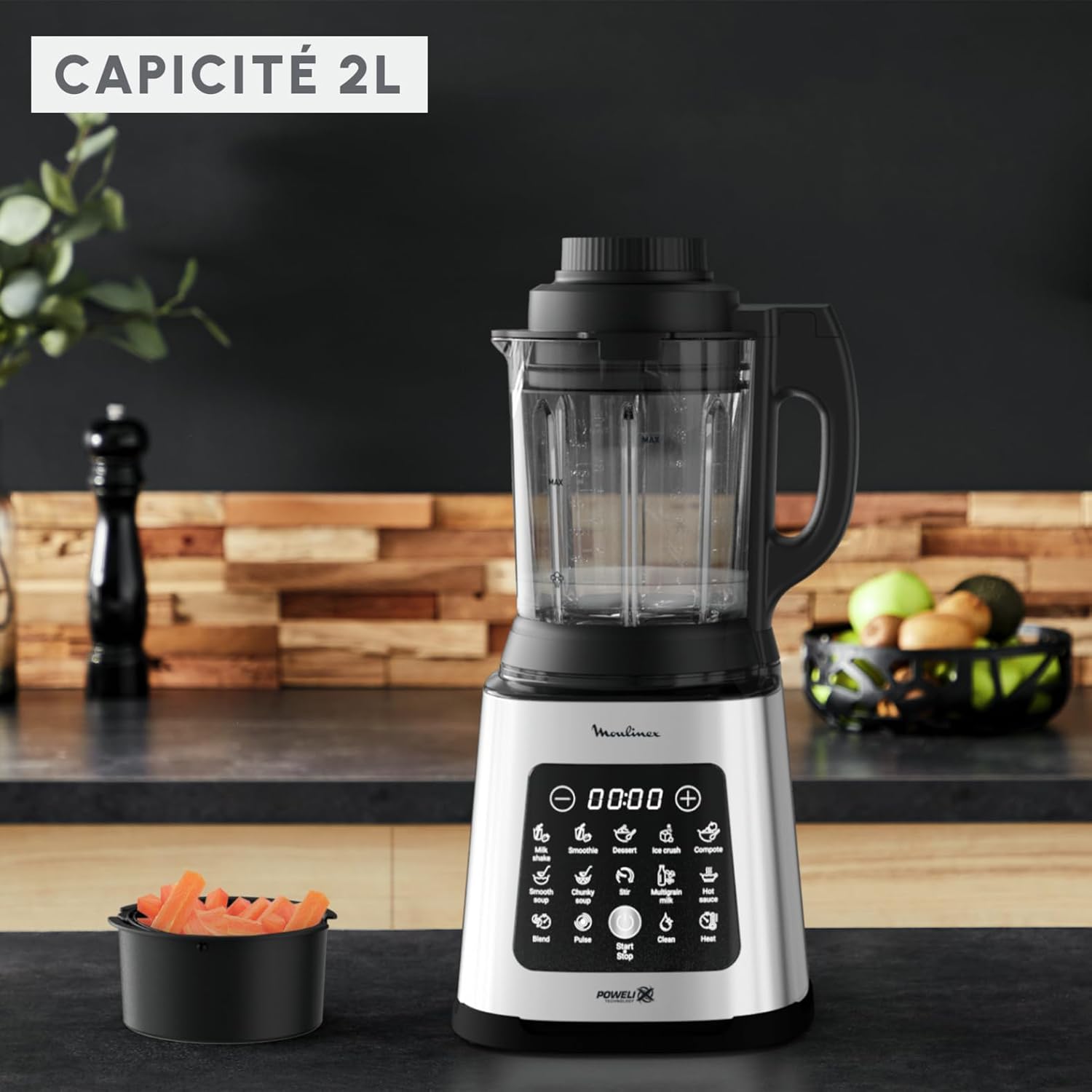 Moulinex Perfectmix Cook blender chauffant à haute vitesse, 10 programmes automatiques, 1400 W, YY5607FG, Noir et Transparent, Métal