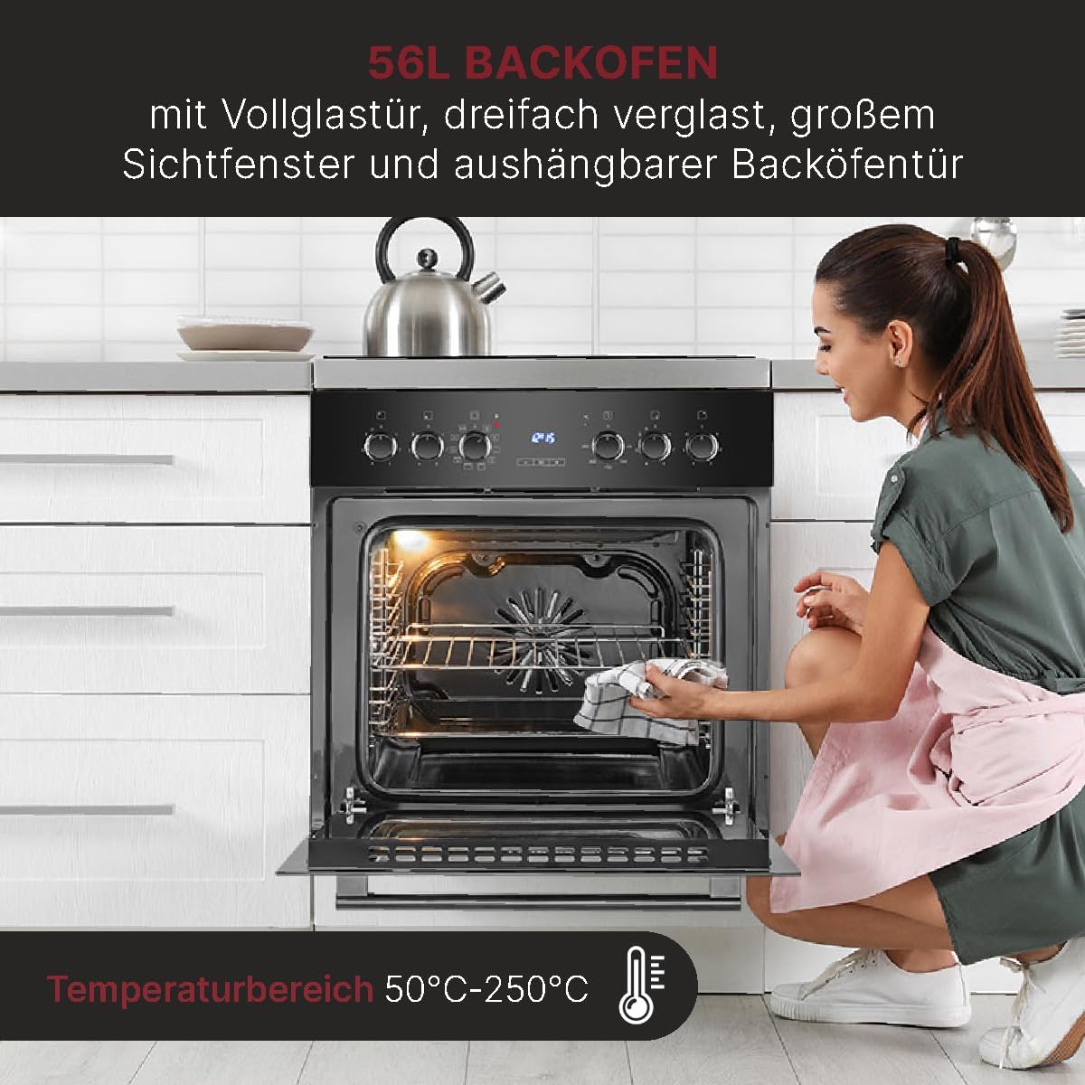 Bomann, Four avec plaque de cuisson à induction, Cuisinière encastrable avec 4 zones de cuisson et 9 fonctions de four, Capacité utile de 56 l, Thermostat réglable séparément, EHBC7937, Noir