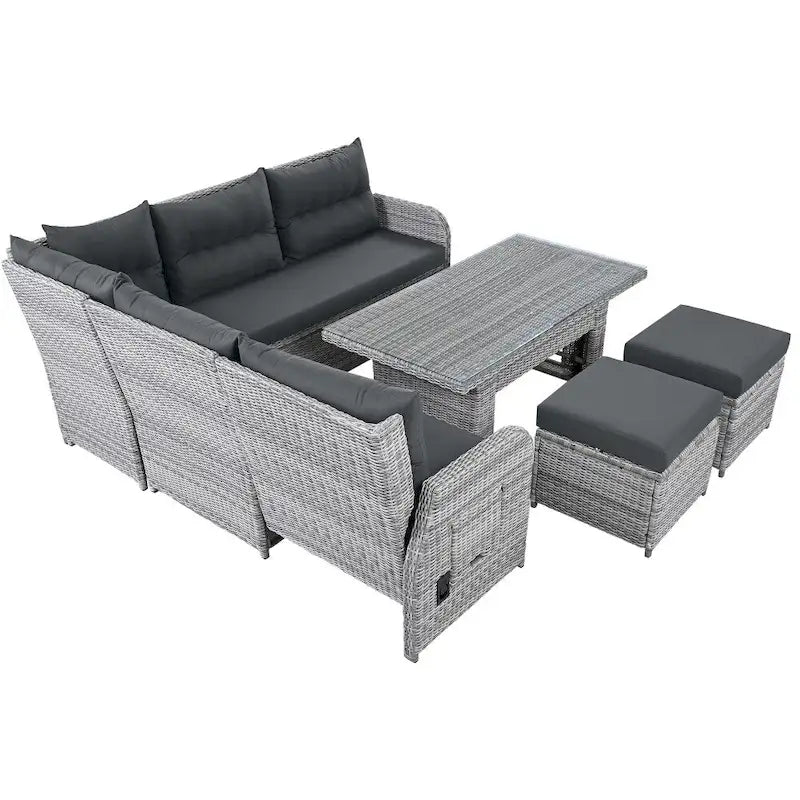 Outdoor Rattan Furniture Set with Adjustable Table, Recliners and 2 Ottomans