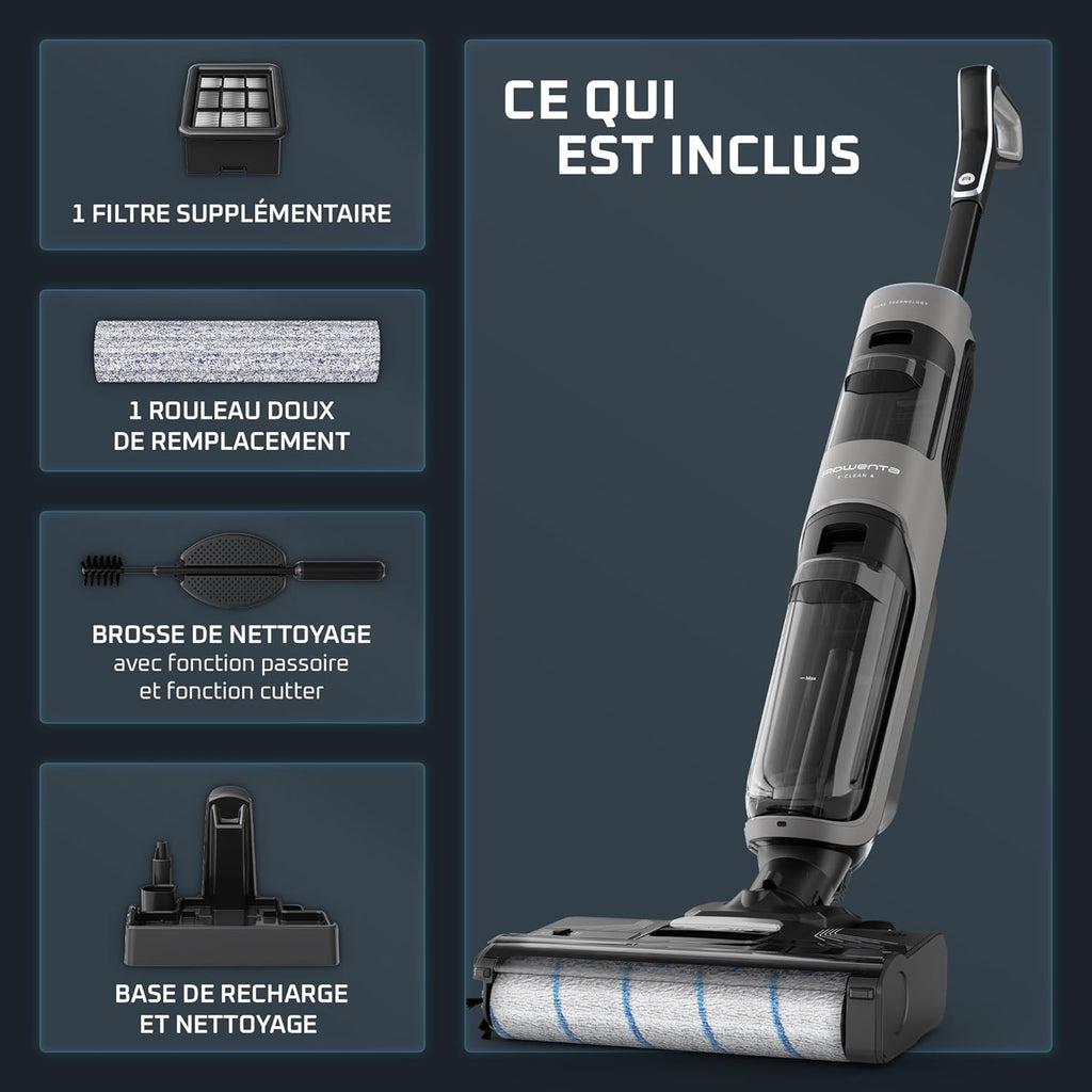 Rowenta X-Clean 4 Aspirateur Balai Laveur sans Fil, Aspiration et Lavage Puissant, Intelligent, Autonomie 50min, Autonettoyage GZ5036WO, Gris