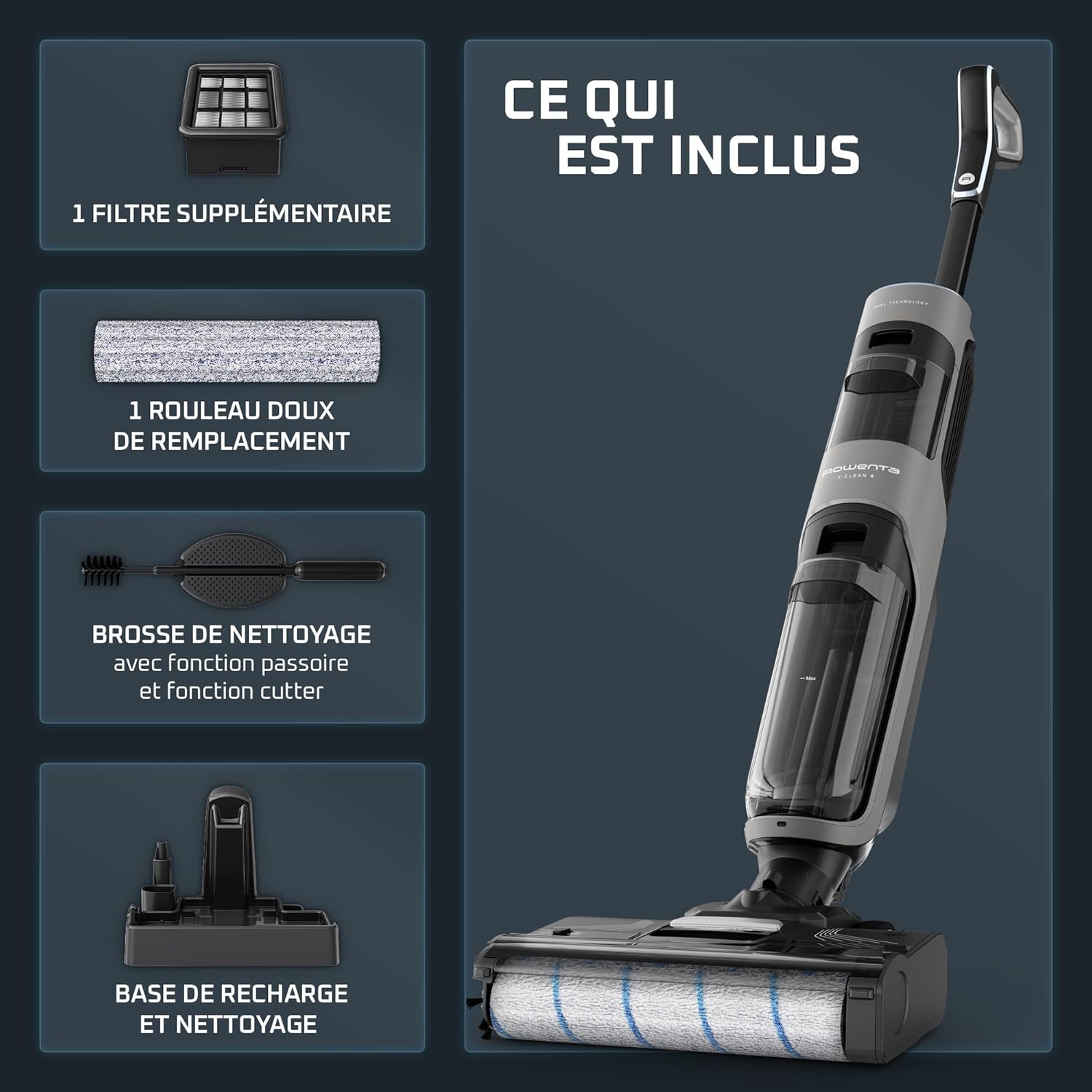 Rowenta X-Clean 4 Aspirateur Balai Laveur sans Fil, Aspiration et Lavage Puissant, Intelligent, Autonomie 50min, Autonettoyage GZ5036WO, Gris