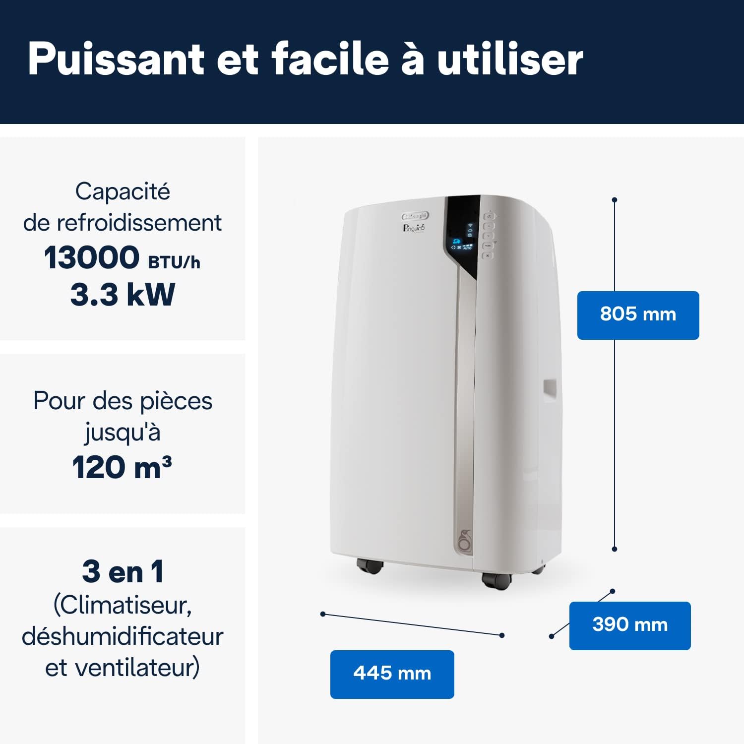 DELONGHI Pinguino PAC EX130 CST Climatiseur mobile WiFi avec fonction de déshumidification, version Pro jusqu'à 120 m³ Blanc