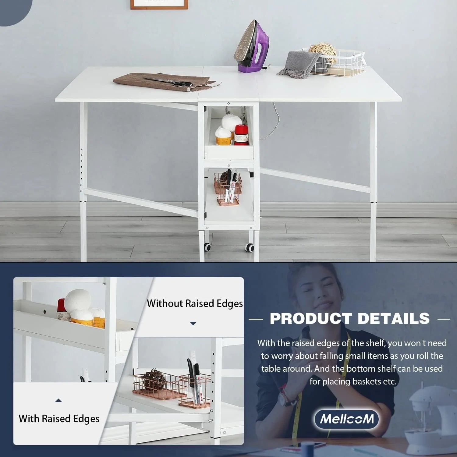 Height Adjustable Craft Table with Storage Shelves, Mobile Folding Cutting Table for Home Office Sewing Room Craft Room