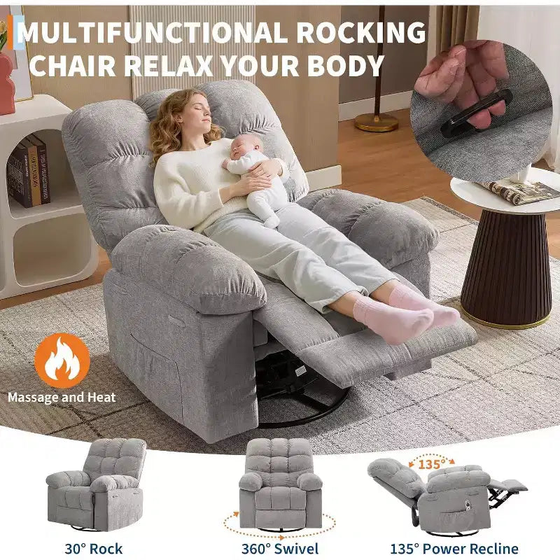Massage Recliner Chair with Heat - 360 Swivel Rocker, Oversized Single Sofa w/ Vibration, USB & Storage Pockets for Living Room/Bedroom