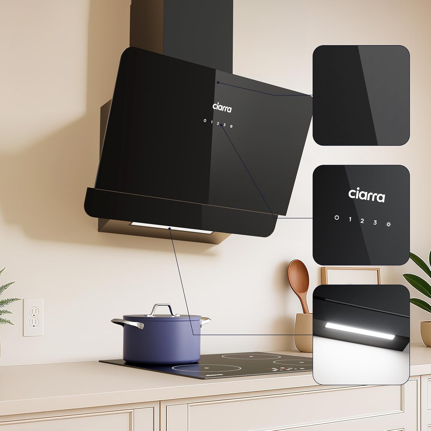 CIARRA CBCB6765C Hotte Aspirante Inclinée 60 cm Classe A+ 580 m³/h, Hotte Murale Tactile, 3 Vitesses, Recyclage & Évacuation, Design Noir Mat avec Filtre à Charbon CBCF055