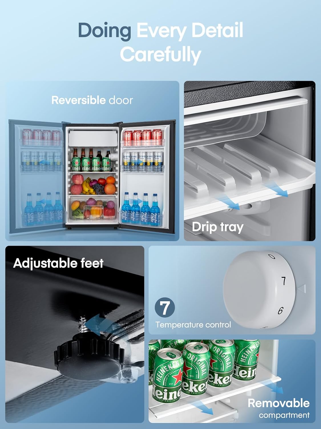 FOHERE Petit Frigo avec Congélateur de 91L, Réfrigérateur à une porte, Bac à Légumes, Thermostat Réglable, Silencieux, Petit Frigo de Bureau, Porte Réversible, Dortoir, Chambre, Noir