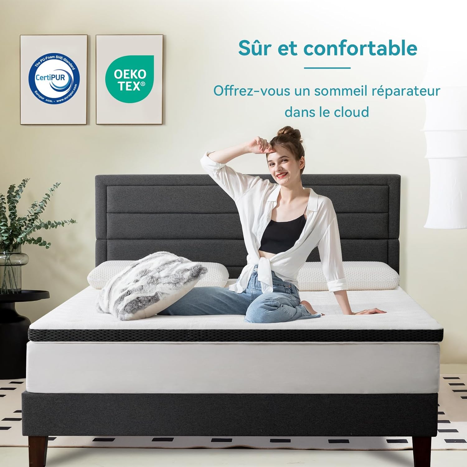 Amazon Basics Surmatelas de Mousse à Mémoire de Forme confortable, Très Moelleux, 160 x 200 x 7 cm, Blanc