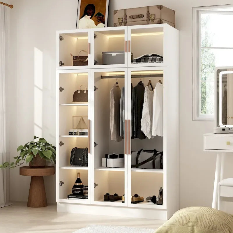 47.2 Wide Armoire LED Light All Glass Door Closet Cabinet Wardrobe