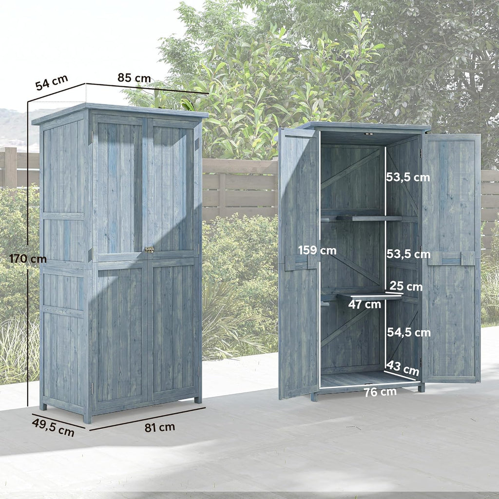 Outsunny Armoire de Jardin, Armoire extérieure de Rangement en Bois avec 2 Portes verrouillables, 2 étagères et 10 Crochets, Toit en Asphalte étanche, pour Balcon, terrasse, 85 x 54 x 170 cm, Gris