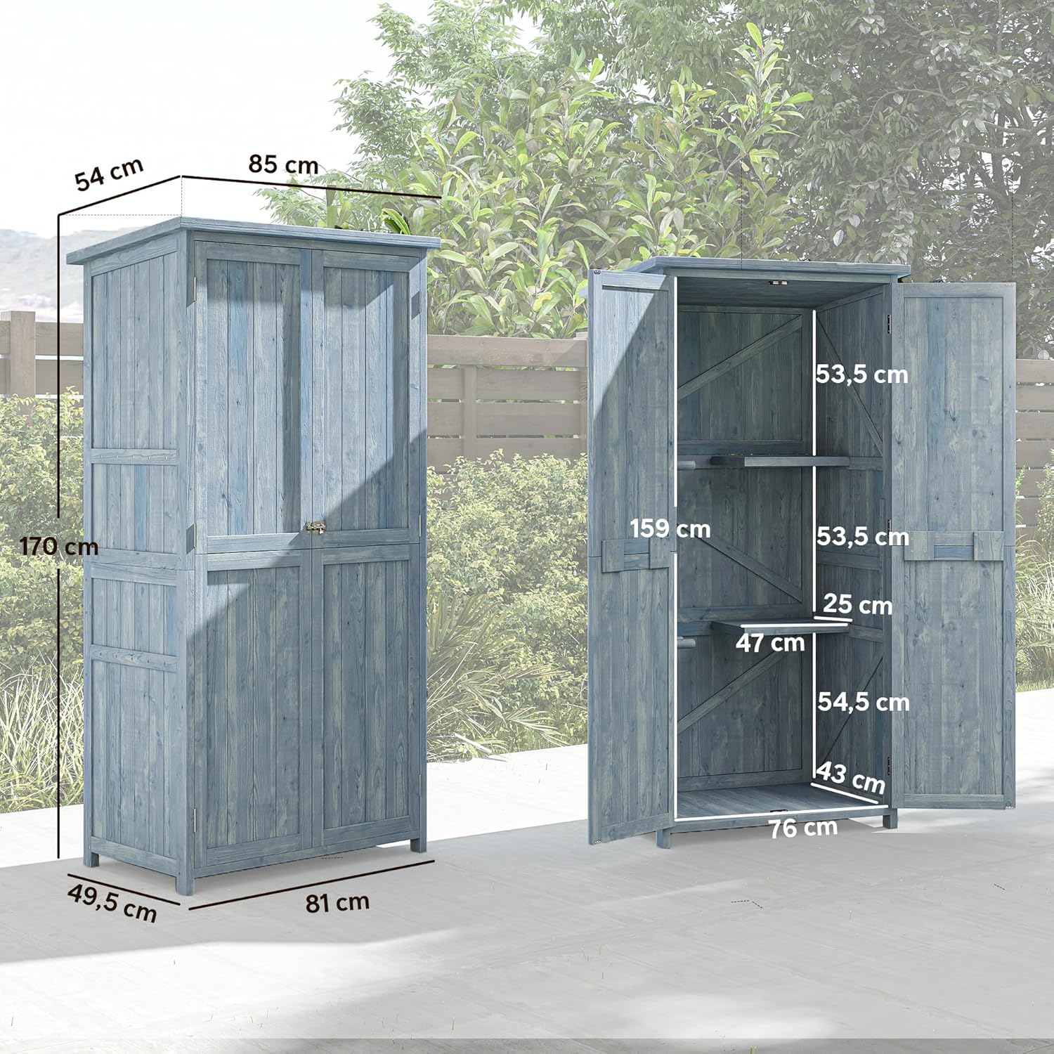 Outsunny Armoire de Jardin, Armoire extérieure de Rangement en Bois avec 2 Portes verrouillables, 2 étagères et 10 Crochets, Toit en Asphalte étanche, pour Balcon, terrasse, 85 x 54 x 170 cm, Gris