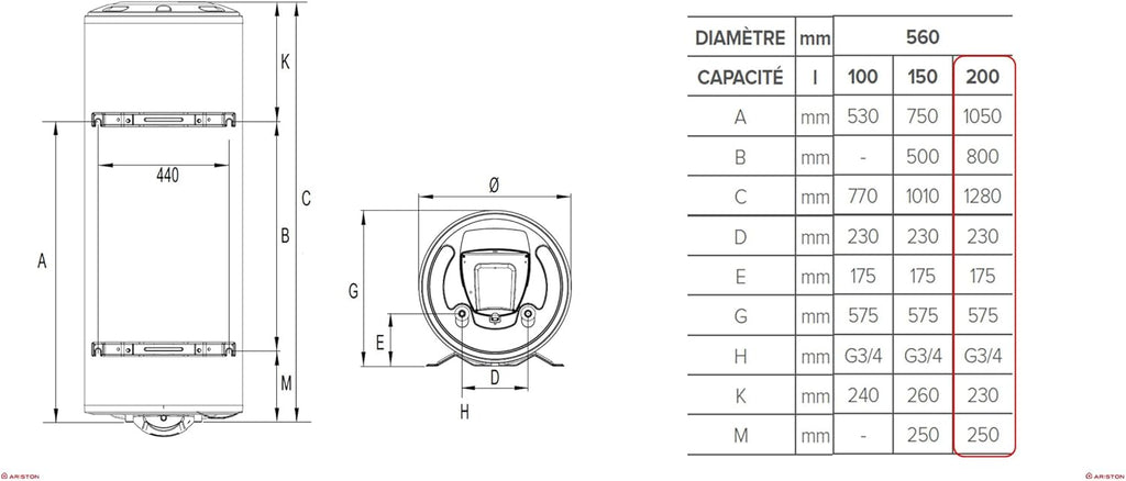 Ariston INITIO 200 L - Chauffe-eau Électrique Vertical Mural 200L - Ø560mm - Résistance Blindée Thermoplongée - NF Performance 2** - Conçu pour être installé en France