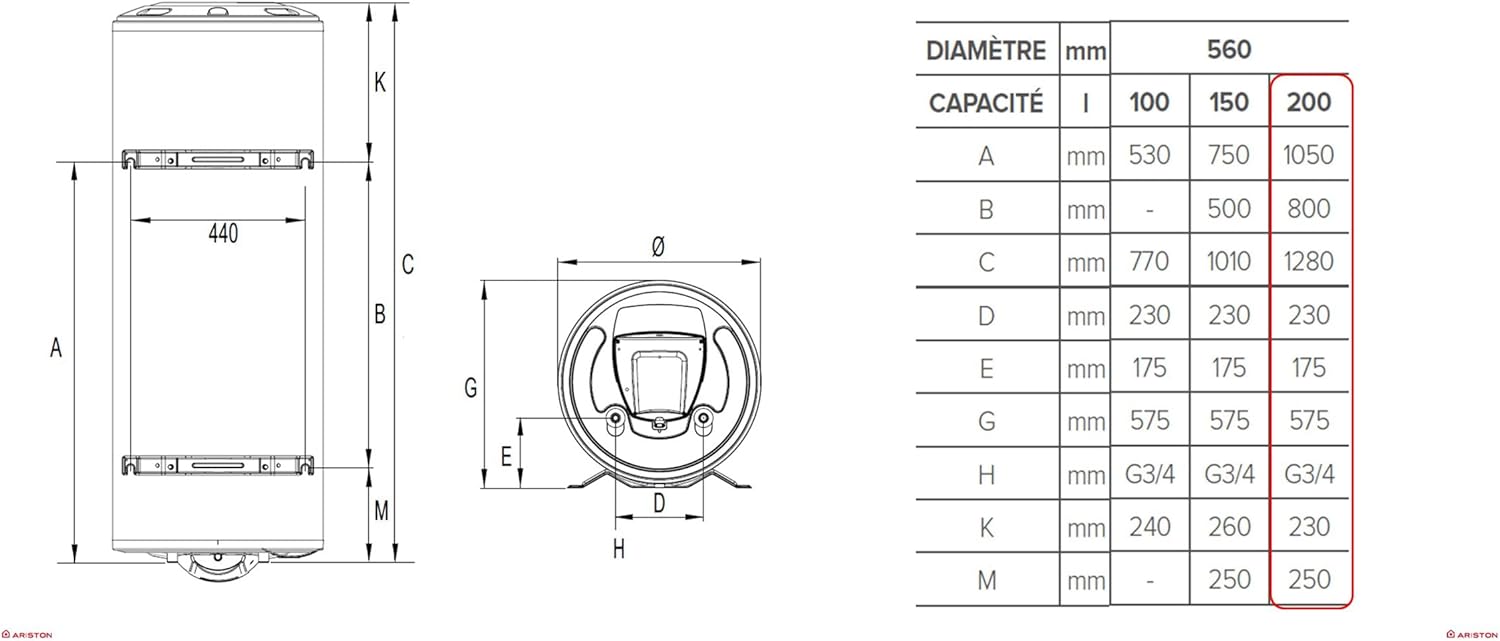 Ariston INITIO 200 L - Chauffe-eau Électrique Vertical Mural 200L - Ø560mm - Résistance Blindée Thermoplongée - NF Performance 2** - Conçu pour être installé en France
