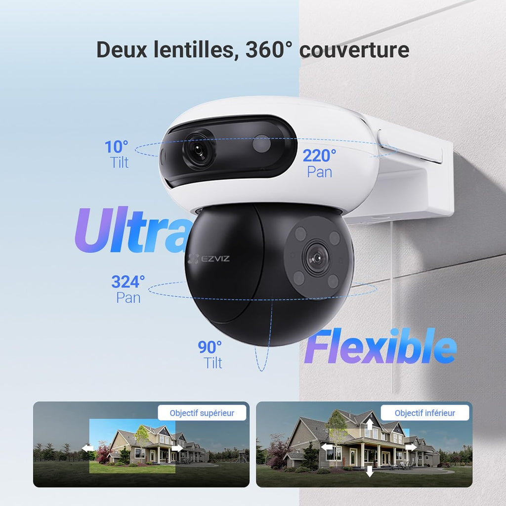 EZVIZ 8MP(4MP+4MP) Camera Surveillance WiFi Exterieure sans Fil à Double Objectif Motorisé, Camera Exterieur Solaire, Mode Always-on, Détection de Personne/Véhicule, CB90 Dual+8W Panneau Solaire