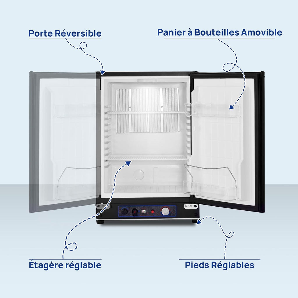 Smad Frigo Gaz Camping Car, 60L, Frigo Trimixte 12V 220V Gaz, Réfrigérateur Silencieux pour Camping-car, Caravane, Gîte, Mobile-home, Noir
