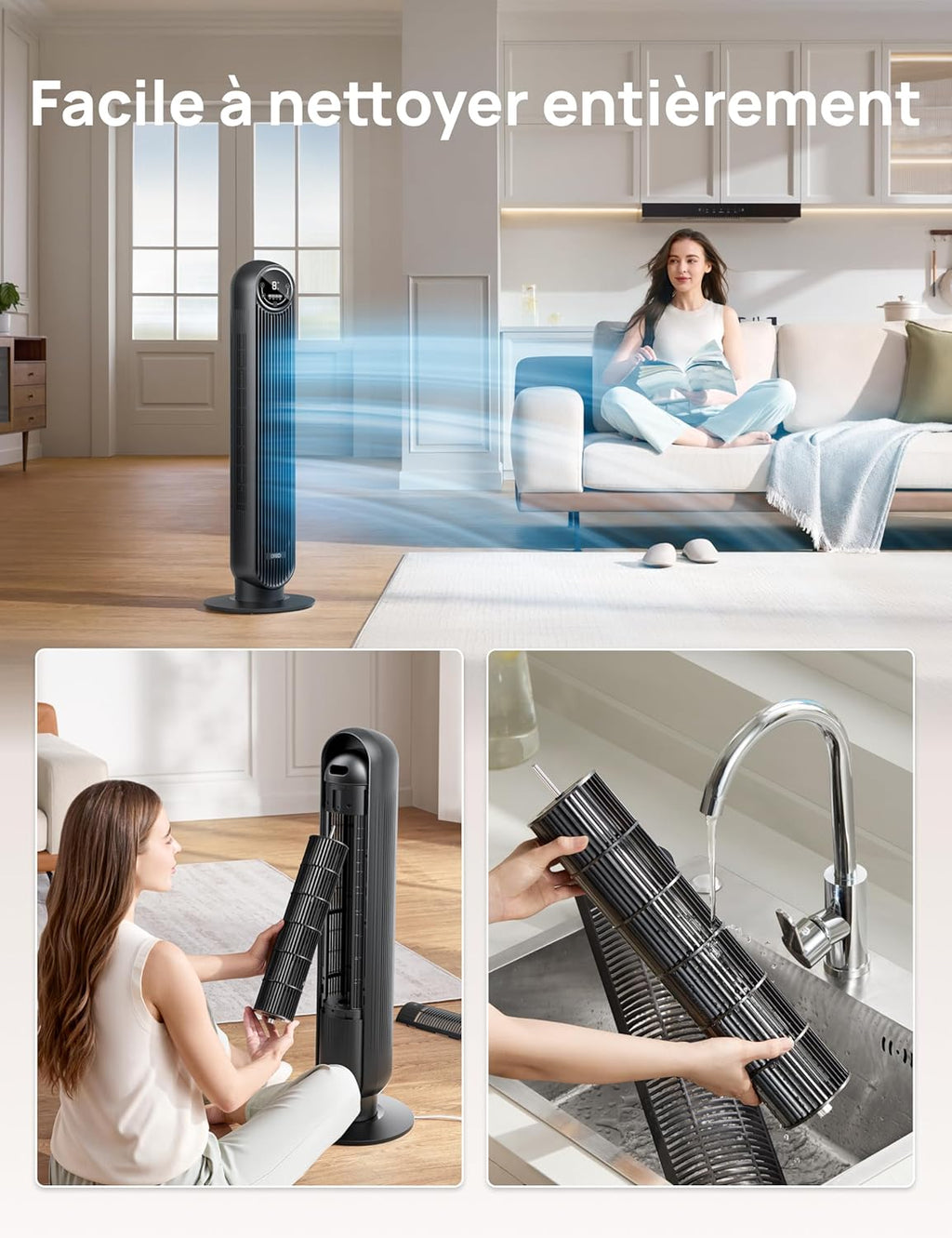 Dreo 20dB ventilateur colonne silencieux pour chambre, 7,6 m/s, oscillant à 90°, 92 cm, avec télécommande, ventilateurs tour équipés de 4 vitesses, 4 modes, et minuterie 8H, noir, Nomad One