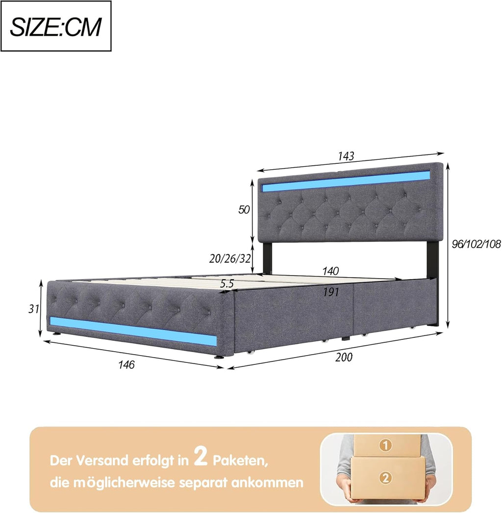 Lit double rembourré 140 x 190 cm avec 4 tiroirs, sommier à lattes, éclairage LED et ports USB, tête de lit réglable