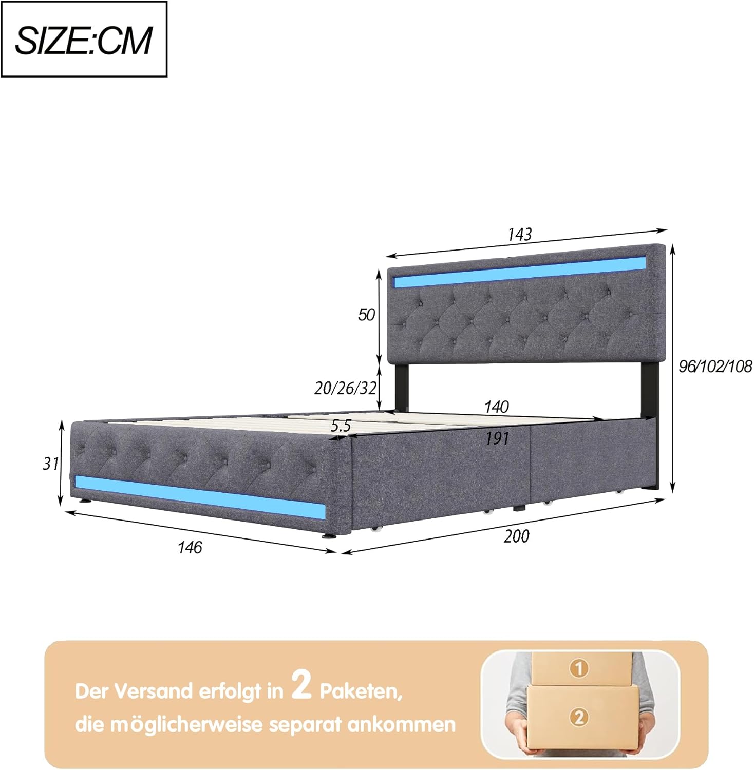 Lit double rembourré 140 x 190 cm avec 4 tiroirs, sommier à lattes, éclairage LED et ports USB, tête de lit réglable