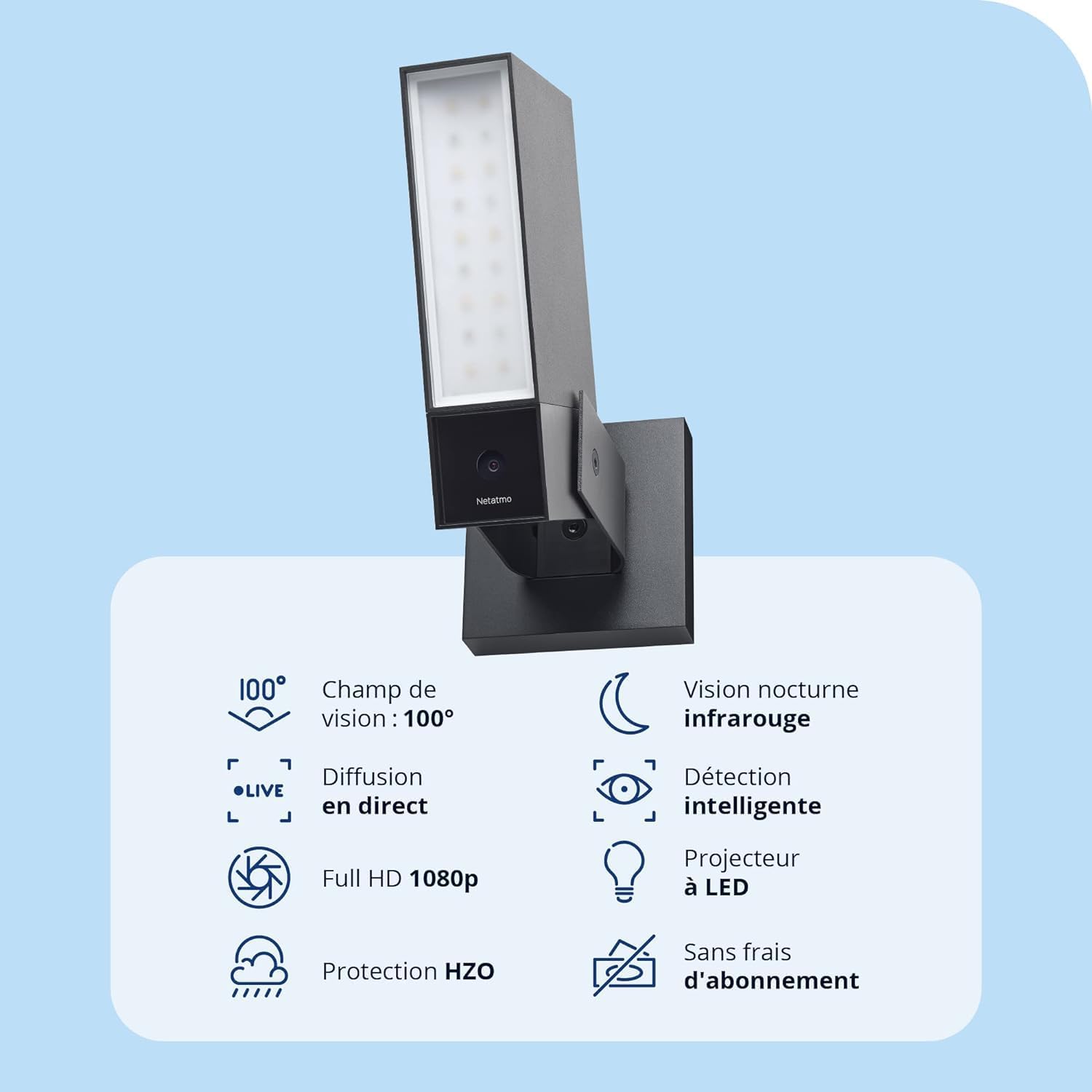 Netatmo Caméra de Surveillance Extérieure Connectée Intelligente avec Éclairage Intégré 12W, Détection des Personnes/Animaux/Véhicules, Vidéo HD 1080p 4MP, Vision Nocturne IR, Stockage Local, NOC-AMZ