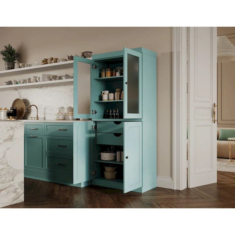 100% Solid Wood Pantry Cabinet with Frosted Glass Doors, Solid Doors, 2-Drawers and Adjustable Shelves