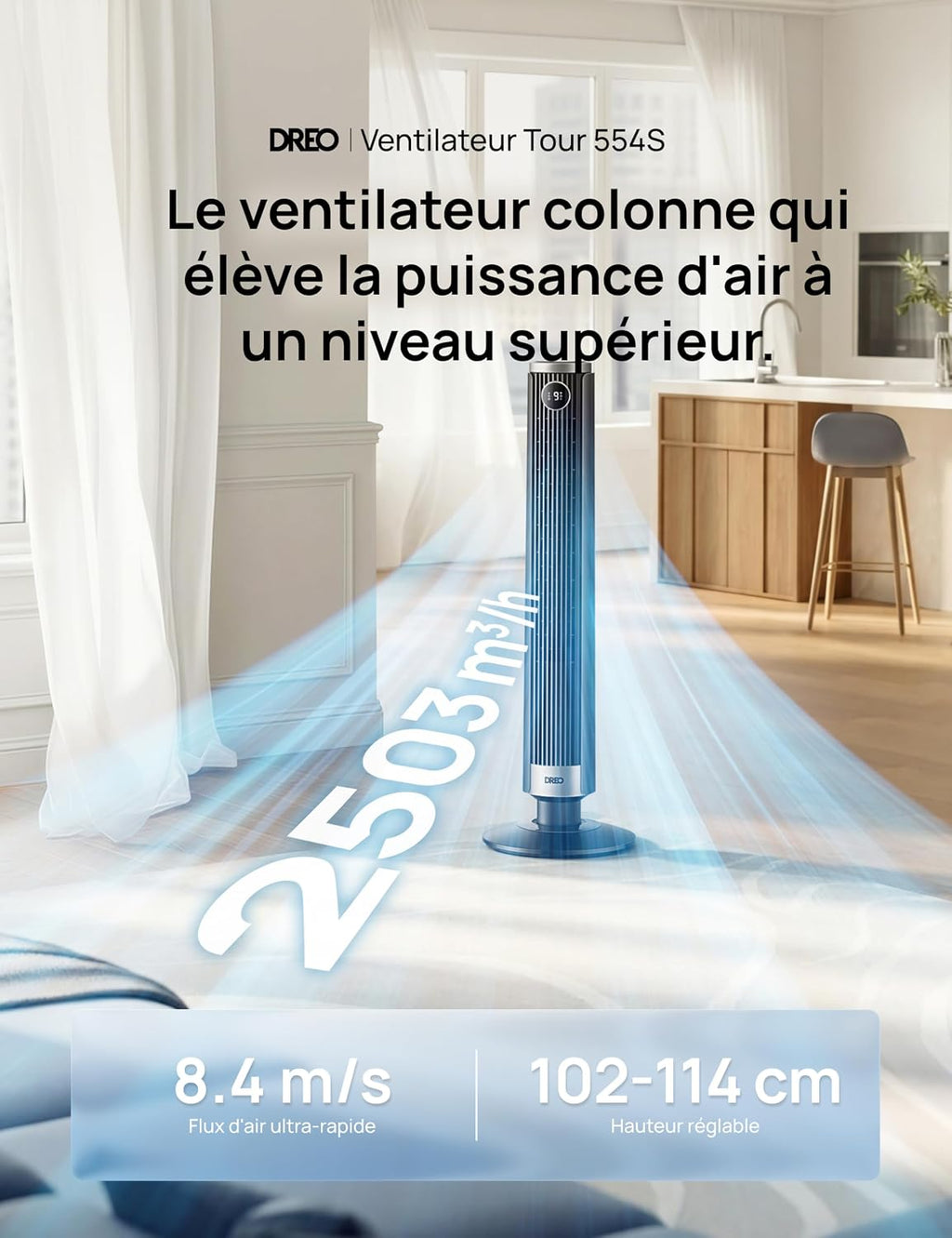 DREO Ventilateur colonne intelligent 554S, ventilateur sur pied réglable 102–114 cm, 8.4 m/s, oscillation 90°, silencieux 20 dB, 9 vitesses, 4 modes, minuterie 12 h, compatible Google et Alexa