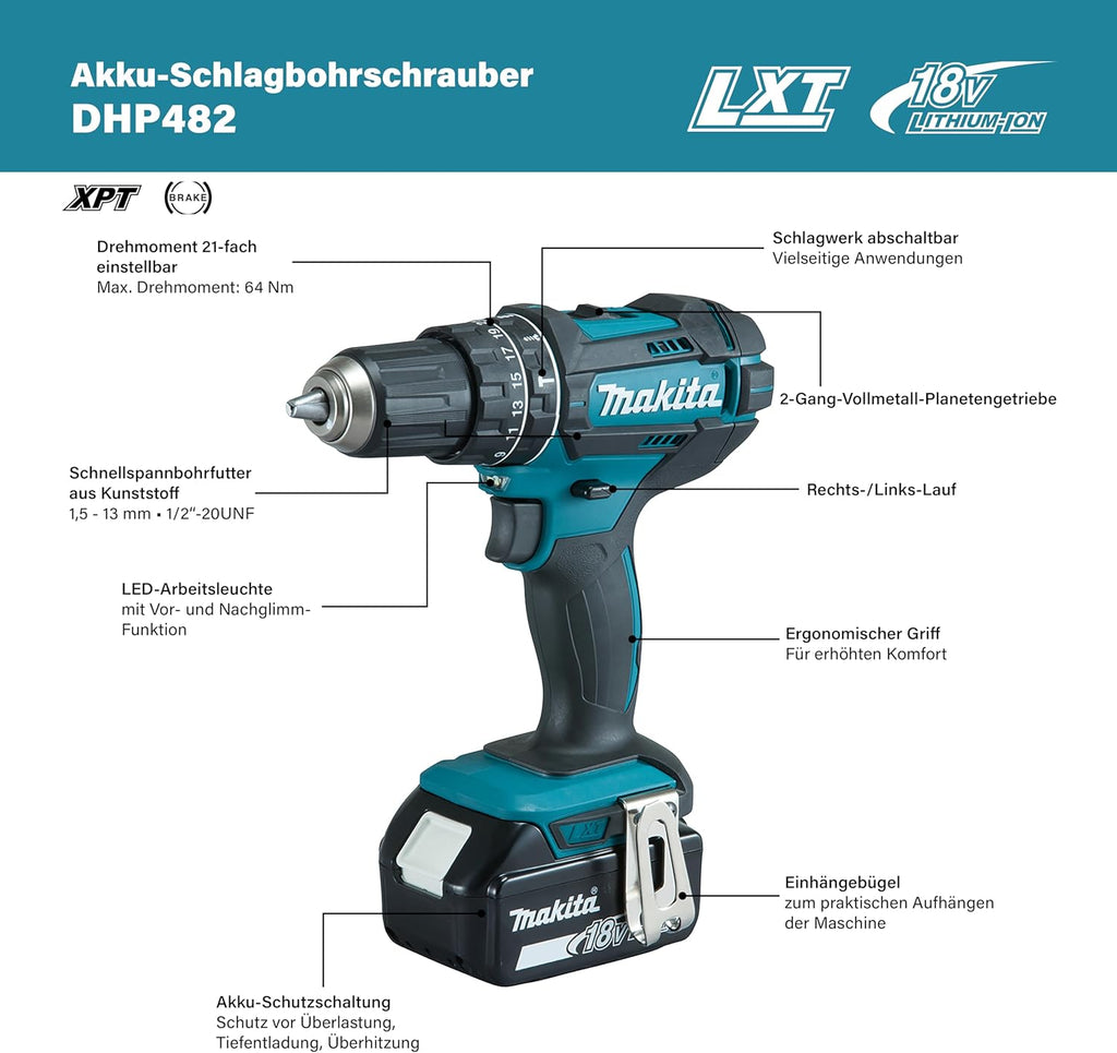 Perceuse à percussion 18V LXT (2x3,0 Ah) avec accessoires -  DHP482RFX9