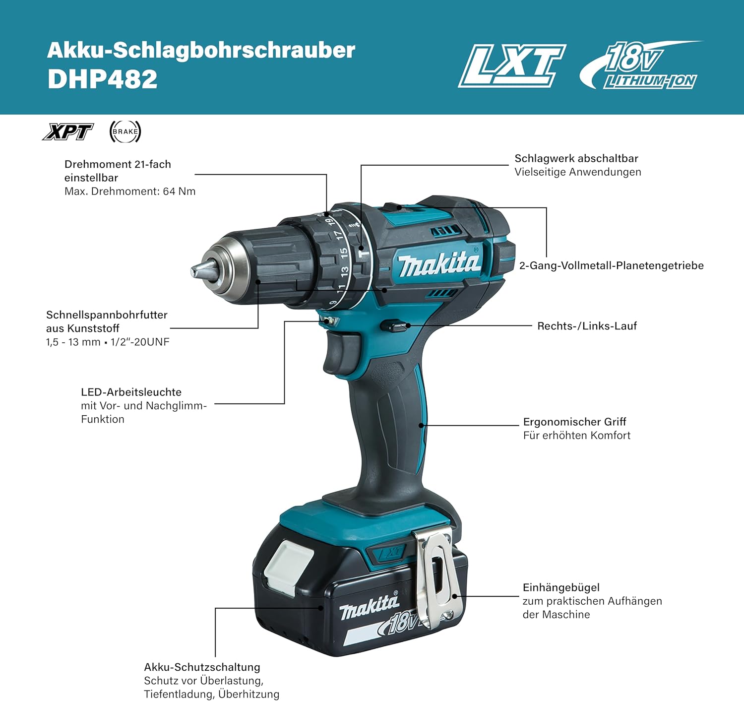 Perceuse à percussion 18V LXT (2x3,0 Ah) avec accessoires -  DHP482RFX9
