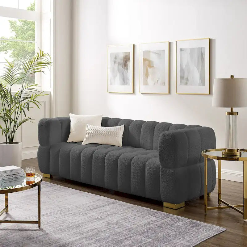 85" Modern Waffle Fabric Couch, Leisure Comfortable Sofa